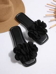 French Elegant Soft Flowers Open-Toe Flat Slippers For Women, Summer New Casual Sandals For Dating, Daily Wear, Home, Beach And Leisure - Black - View 5
