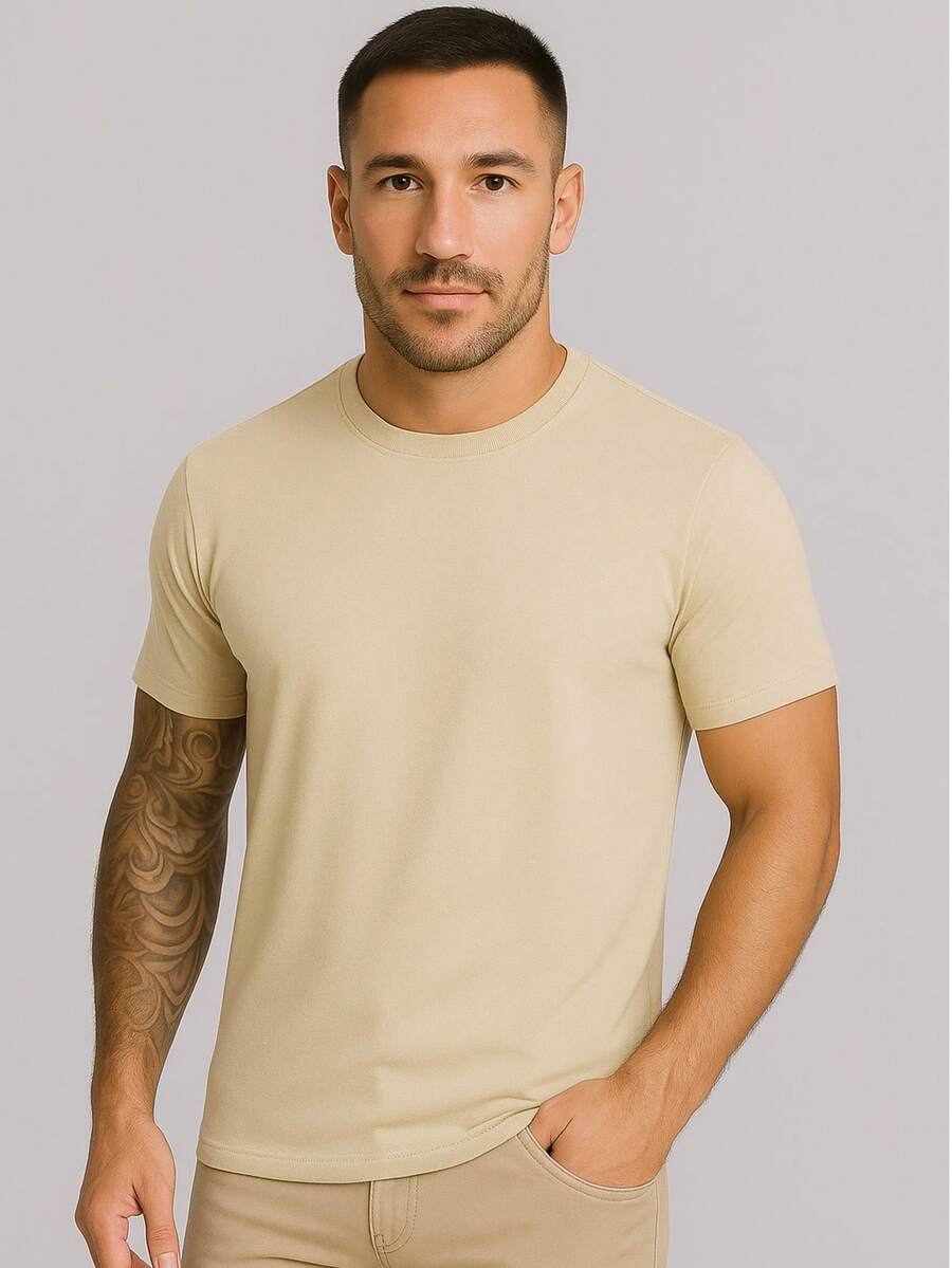 Men's Basic T-Shirt Egyptian Cotton With Elastane Solid Colors - 米色 - 查看 1
