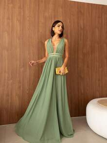 Long Party Dress Wedding Bridesmaid Tulle Without Shine - Olive Green - View 3