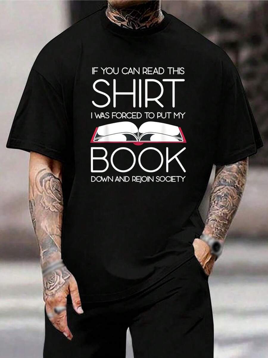 Camiseta divertida para amantes de los libros - Obligado a dejar mi libro y volver a la sociedad - Regalo para ratones de biblioteca, lectores, bibliotecarios, profesores - Camiseta sarcástica para leer para hombres - Negro - Ver 1