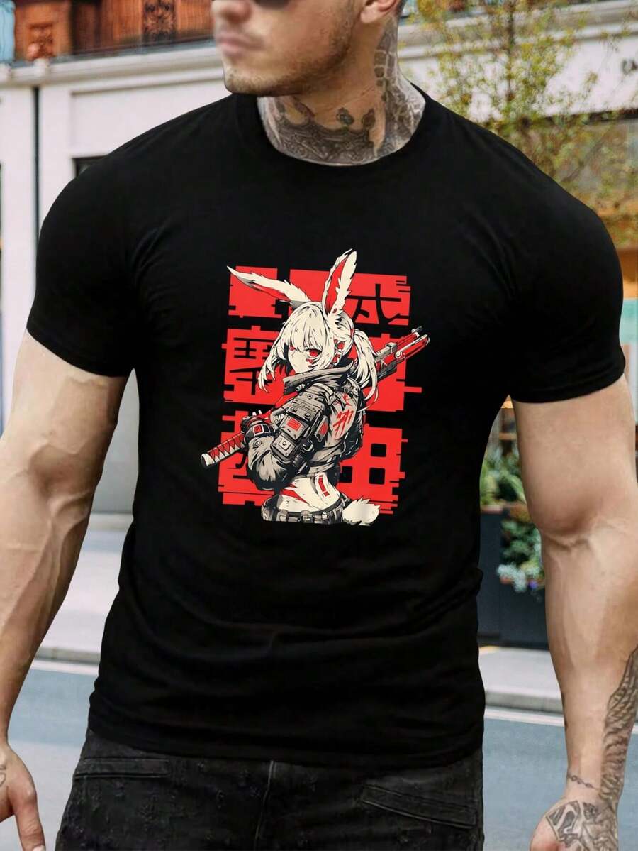 Camiseta de conejita anime - Camiseta gráfica estilo streetwear japonés para hombre y mujer - Camiseta de cuello redondo de algodón estilo otaku - Regalo para fanático del anime - Camiseta negra de algodón para papá - Negro - Ver 1