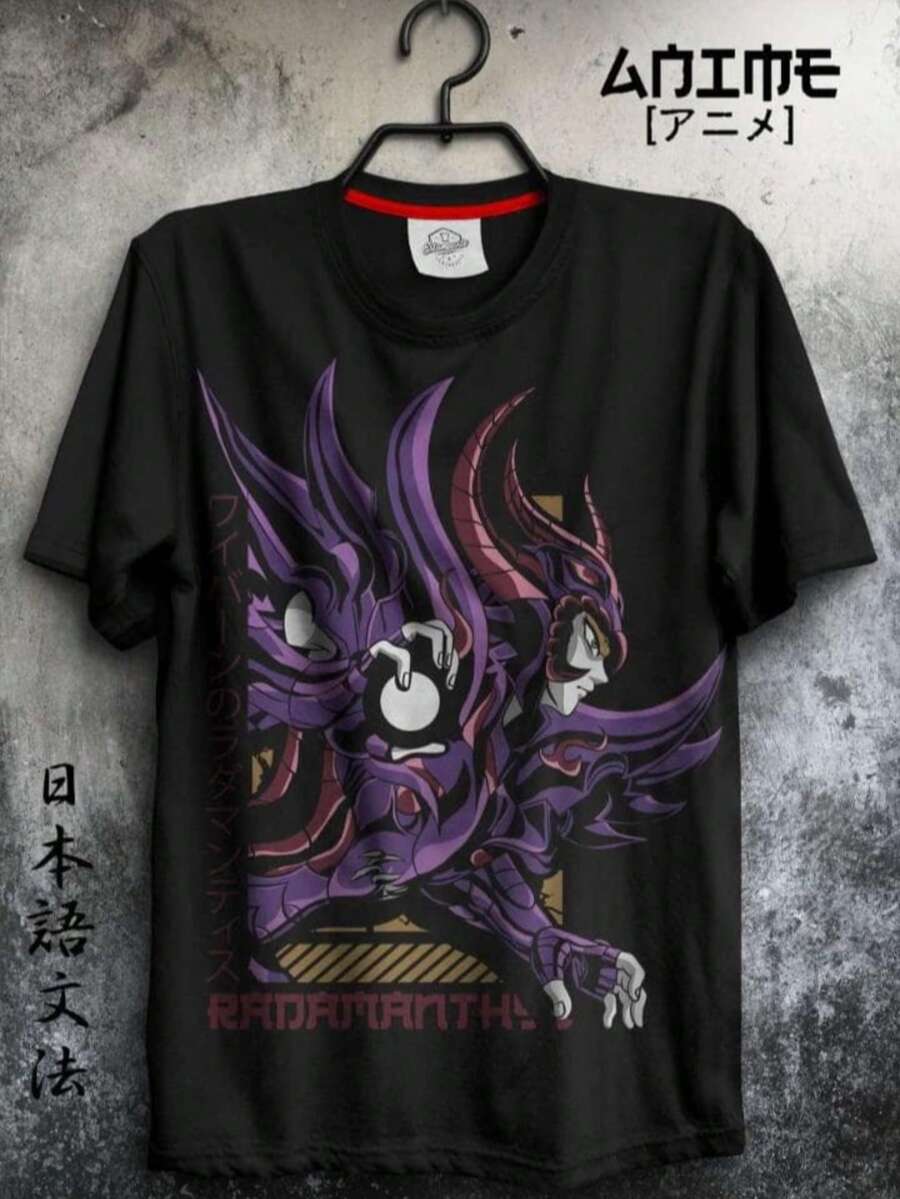 playera con diseño otaku  Casual-Básico  Estilo casual-minimalista  Deportes y actividades al aire libre - Función urbana    Dibujos animados    Verano    suelto    Hombros Exagerados - Negro - Ver 1