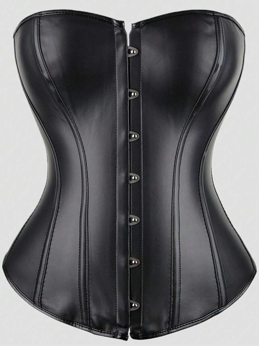 1 chiếc áo croptop corset bằng da PU màu đen, cài nút phía trước, kiểu dáng gợi cảm, thích hợp mặc đi dự tiệc.