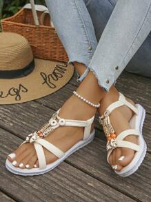1 par de sandalias planas de dedo tipo "peep toe" con tiras elásticas estilo bohemio para adolescentes chicas de verano