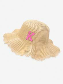 1pc 26 Alphabet Customized Kids Straw Hat With Flower Lace Brim, Suitable For Gifts, Daily Outings, Picnics, Sun Ion, Beach Vacations - Light Khaki - View 17