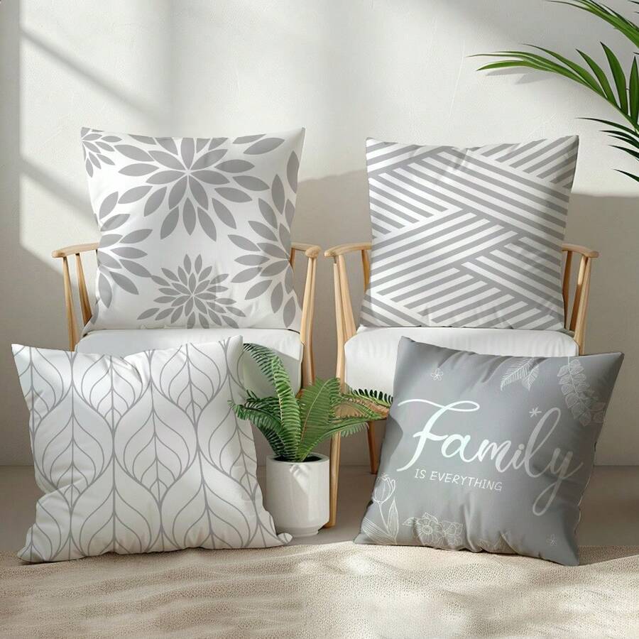 4pcs Simple Gray Line Geometric Pattern Pillow Case Set, Single-Sided Printed Peach Velvet Material, 45*45/50*50/40*40CM Cushion Cover Suitable For Modern Minimalist Sofa Living Room Decor, Gift, Party Decoration - Multicolor - View 1
