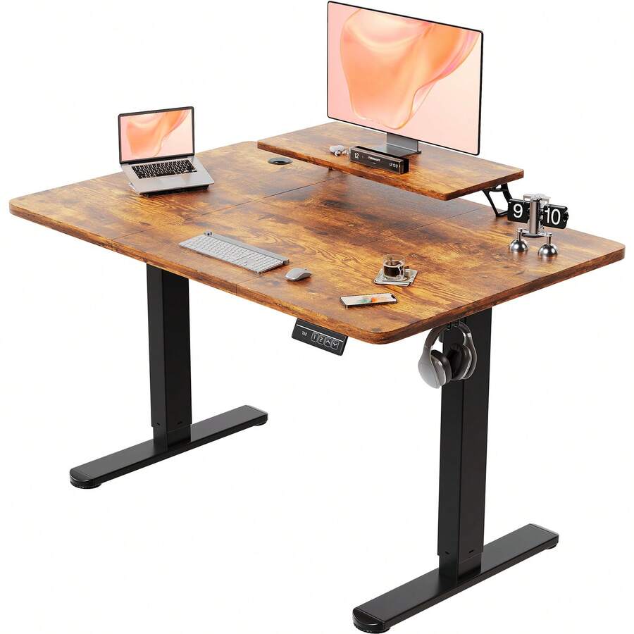 Devoko Gunji Height Adjustable Electric Standing Desk With Monitor Stand, Sit-Stand Desk With Splicing Board - Rust Brown - View 1