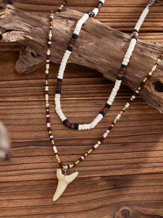 2pcs/Set, Fashionable Bohemian Teeth & Coconut Shell Beaded Necklace, Men's Casual Party Holiday Accessories