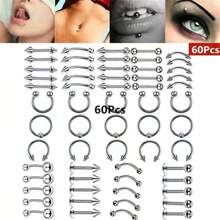 100 pièces Lot de bijoux de perçage, Anneau de nez 14G 16G 20G, Labret de lèvre, Anneau de langue, Boucle d'oreille cartilage en acier inoxydable, Accessoires de piercing corporel Barbell