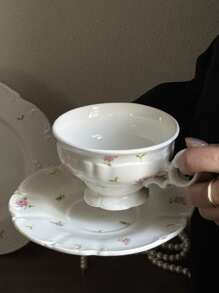 1 pièce Assiette à dessert en porcelaine florale vintage française, bord rose pâle, style antique de haute qualité, retour à l'école