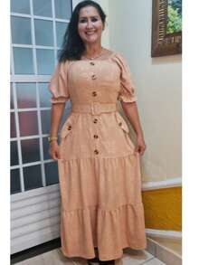 Vestido Longo com Cinto Tecido Duna floral 3D Plus Size - Marrom Claro - Visão 3