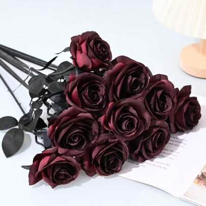 1pc Dark Red Artificial Rose Stem, For Halloween Home Decor