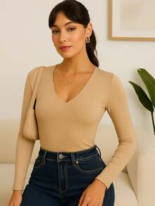 Cropped Long Sleeve V-Neck Winter Suplex Women's Basic Casual V-Neck - 裸體 - 查看 2