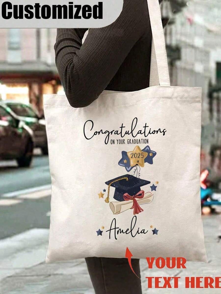 1pc Custom Graduation Name Congratulations 2025 Personalized Canvas Tote Bag, Large Capacity, Simple Style, With Ideal Graduation Gift For Gift Bag - Multicolor - View 1