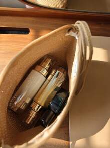 Woven Bag For Spring And Summer, Travel Organizer Bag, Solid Color Woven Storage Bag, Outdoor Portable Casual Beach Tote Handbag, Cosmetic Bag
