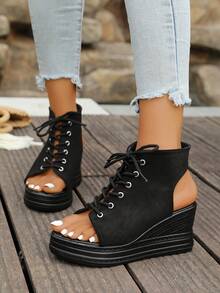 Women's Summer Preppy College Bohemian Goth Style Peep-Toe Platform Wedge Heel Casual Vacation Roman Sandals - Black - View 5