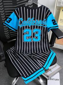 2pcs Boys Outdoor Sports Set, Baseball Jersey Style With 23 Number Letter Calitainia Stripe Print Short Sleeve Top And Shorts, Spring/Summer