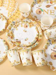 40 Peças Conjunto Descartável de Utensílios de Mesa com Tema de Abelha, Inclui 8 Pratos de Papel de 7 Polegadas e 9 Polegadas, 8 Copos de Papel, 16 Guardanapos e Talheres de Papel, Adequado para Feriados Familiares, Suprimentos para Festa de Aniversário com Tema de Abelha, Lembrancinhas de Festa - Conjunto de pratos de abelha - Visão 3