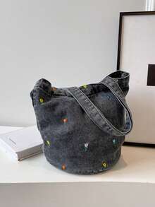 Bolso de lona de verano con bordado, bolso de tela vaquera, diseño único, bolso de hombro de gran capacidad y de moda para ir al trabajo - Multicolor - Ver 15
