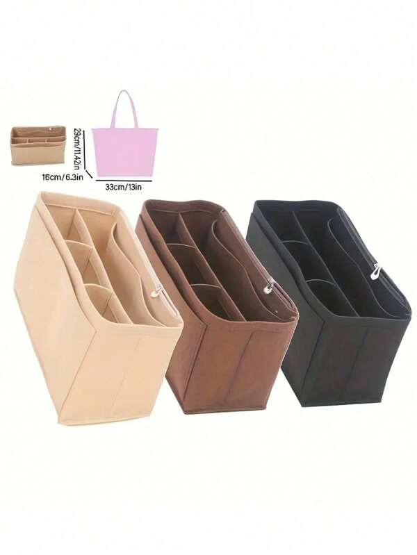 Organizador de Bolsa de Feltro Macio com Zíper - Divisória Portátil Multifuncional para Armazenamento Espaçoso de Cosméticos, Acessórios de Bolsa de Viagem e Estilo Casual Leves