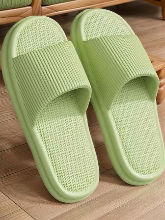 Ins Japanese Style New Fashionable Versatile Comfortable Soft Striped Green Thick Sole Anti-Slip Anti-Odor EVA Slipper For Women, Indoor/Bathroom