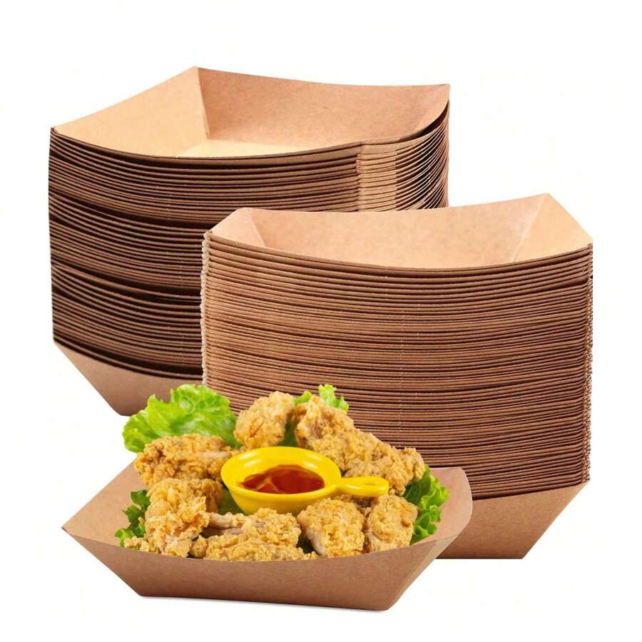 30/50pcs Disposable Kraft Brown Paper Food Trays, Oil-Proof Food Paper Tray Kraft Paper Boat Box, Portable Food Paper Tray For Family Picnic, Suitable For French Fries, Corn Flakes Snacks, Hot Dogs, Taco BBQ, Popcorn Parties, Picnics, Wedding Parties, Multi-Purpose Baking Tool, Kitchen Essentials, Kitchen Accessories (Brown)