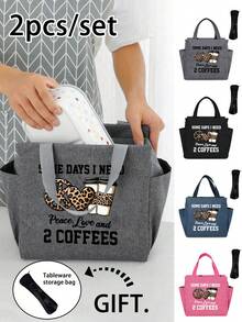 印有豹纹心形和咖啡图案的保温袋，午餐袋，上面印有有趣的字母“Some Days I Need Peace, Love And 2 Coffees”，搭配黑色餐具收纳袋，可重复使用，双口袋午餐盒袋，大容量，适合返校学校用品袋，用于学校工作午餐袋，女士冷藏袋，野餐配件学校配件