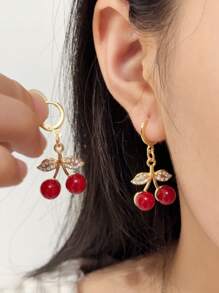 1 Pair CZ Cherry Blossom Earrings, Sweet Red Fruit Series Cherry Earrings, Unique Fashion Earrings For Ladies, Suitable For Daily Wear And Party Occasions