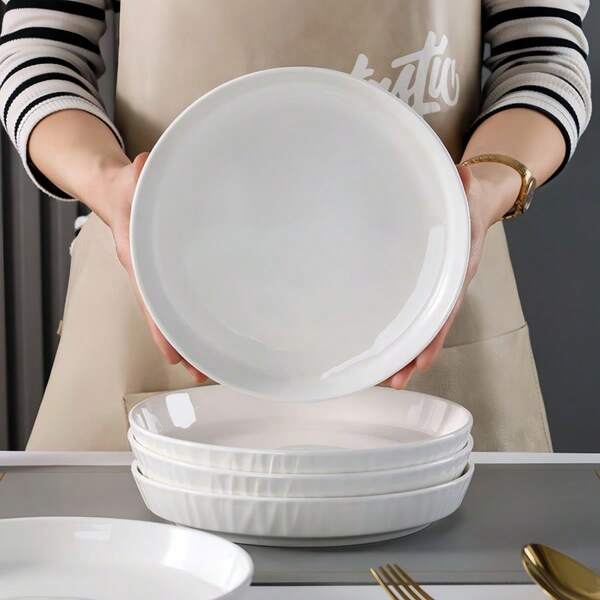 1pc/2pcs 8 Inch Ceramic Plates, Clean White Color With Delicate Side Patterns, Deep Bowls, Salad Plates, High-End Appearance, New Design Pure White Soup Bowls, Ceramic Glazed Dishware Plates, Steak Plates, Vegetable Plates, Salad Plates, Household Dinner Plates, Elegant