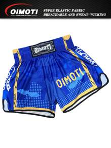 OIMOTI 1 Pc Men's High Elasticity Boxing Shorts - Breathable Polyester Knit, Loose Fit, Moisture-Wicking, Sports Style, Suitable For Gym, Training, ONE Tournament, MMA, Jiu-Jitsu, Fighting, Design By OIMOTI, Blue Shark Loose Quick-Dry Boxing Shorts, Muay Thai, Men's Fitness Running Boxing Martial Arts