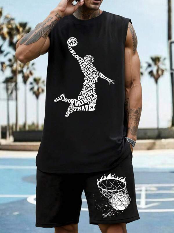 Herren Große Größen lässiges Tank Top mit Rückenfrei und Shorts Set, Sommer Sport Outfit geeignet für Basketball, Party, Geschenk für Freund/Ehemann, schwarzes Tank Top mit schwarzen Shorts