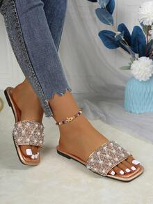 Sandalias de mujer tipo mula planas, decoradas con perlas y rhinestones, diseño de punta cuadrada, cómodas de slip-on, en múltiples colores, apropiadas para looks con estilo - Oro rosa - Ver 3