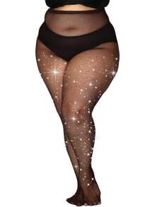 2pcs Women Plus Size Sparkling Rhinestone Nude & Black Fishnet High Elasticity Tight Pants, Clubwear Goth Stockings Versatile For All Seasons