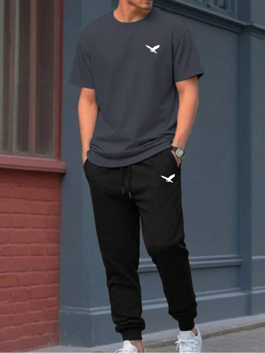 Men's Eagle Print Casual Daily Wear Short Sleeve T-Shirt And Pants Set - Grey - View 1