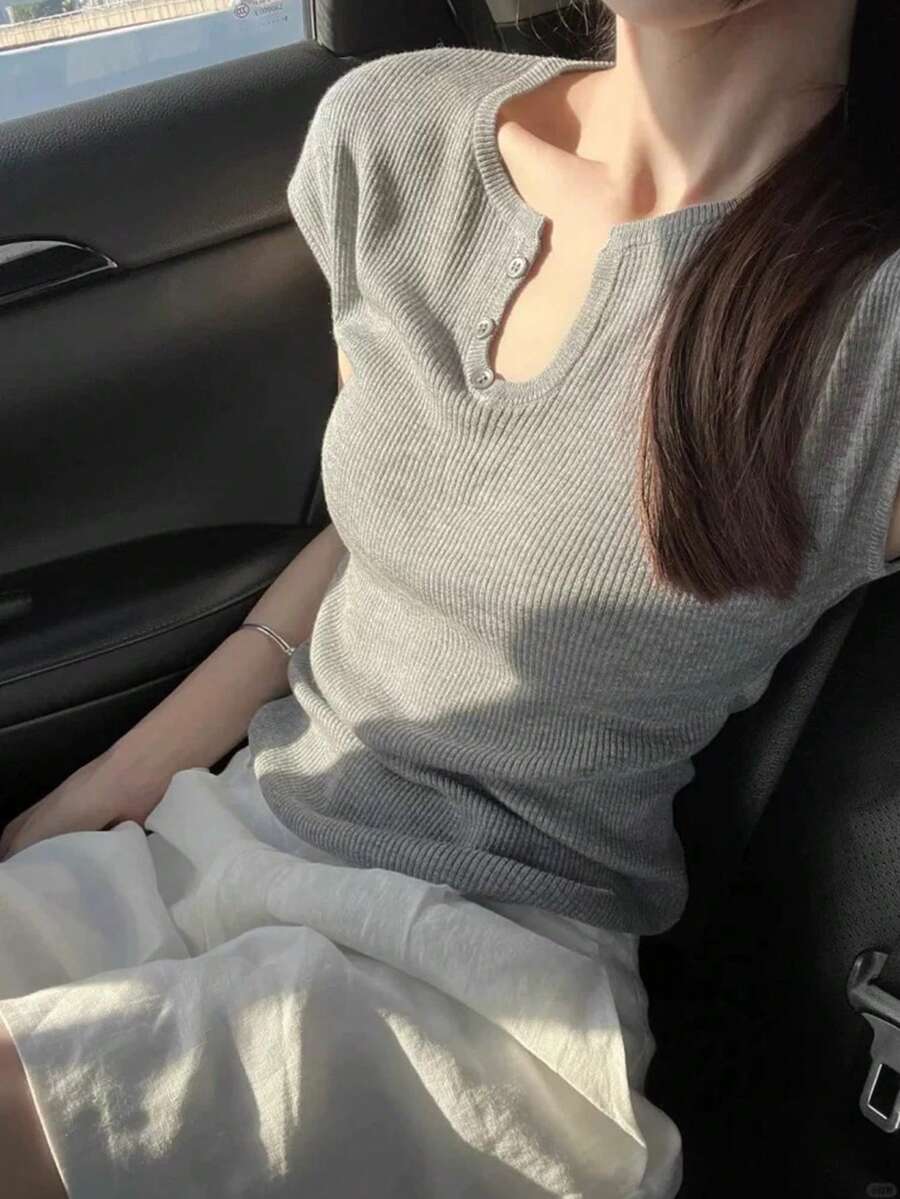 Women Casual U-Neck Cap Sleeve Cropped Knitted Top, Flattering Silhouette, Versatile Design, Summer - Grey - View 1