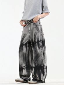 1 件男士美式复古嘻哈牛仔裤，高街个性化水洗阔腿休闲宽松街头风裤子，垃圾摇滚 - 黑色 - 查看 6