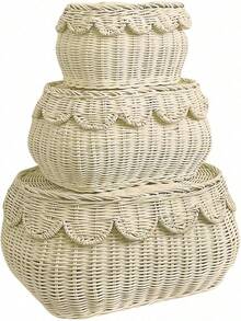 Scalloped Basket With Lid Set Of 3,Stackable Baskets For Organizing, Scalloped Wicker Basket, Woven Basket With Lid, Rattan Storage Baskets With Lid, Basket With Lid Decorative Storage - Rattan - View 1