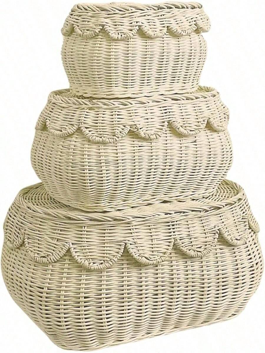Scalloped Basket With Lid Set Of 3,Stackable Baskets For Organizing, Scalloped Wicker Basket, Woven Basket With Lid, Rattan Storage Baskets With Lid, Basket With Lid Decorative Storage - Rattan - View 1