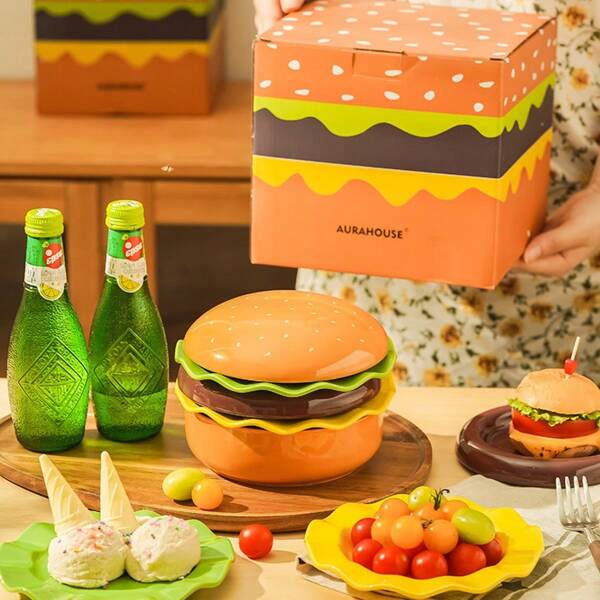 7pcs Hamburger Shaped Bone China Plates & Bowls, Cartoon Serving Dish Set, Cute Dessert Plates, Condiment Saucers,School Supplies