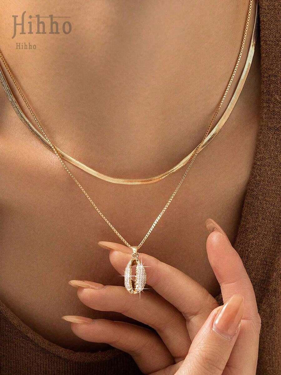 Hihho 2pcs/Set Retro Waterdrop Micro-Inlaid Zirconia Pendant Necklace, Elegant Accessory And Gift For Women - Yellow Gold - View 1