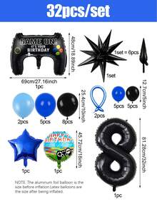 32件/33件遊戲派對用品，遊戲生日套裝，包含遊戲控制器裝飾、0-15數字氣球、爆炸星，適用於生日派對、遊戲主題派對、拍照道具，L升級版！生日派對裝飾 - 彩色 - 查看 13