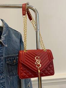 Seam Chain SS Jewelry Square Shoulder Bag Oblique Shoulder Bag - Burgundy - View 10