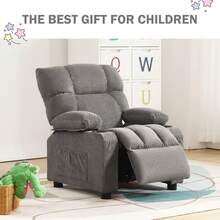 Kids Recliner Chair,Push Back Toddler Recliner With Cup Holders & Side Pockets,Adjustable Footrest & Headrest Kids Sofa For Boys Girls 3+ Age Group, Grey