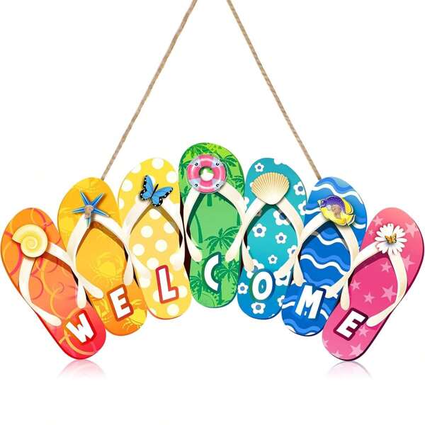 1 Stück Sommerschuhe Hängeschild Form Willkommen Hallo Flip Flop Holztür Schild Rustikales Wandschild Garten Innendekoration Außendekoration