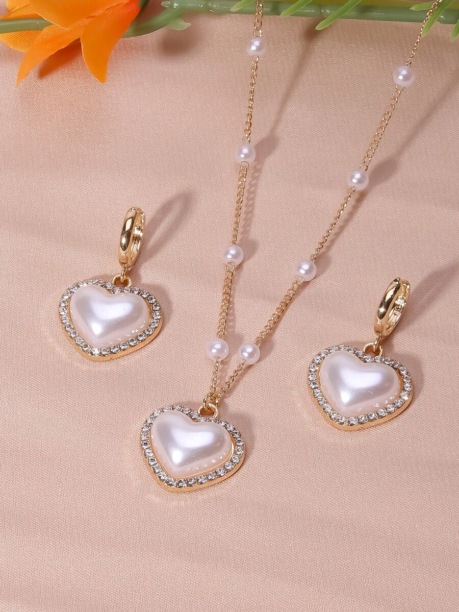 3Pcs Fully Rhinestoned Faux Pearl Heart Jewelry Set (Pearl Necklace With Differing Number Of Pearls From Image) - Multicolor - View 1
