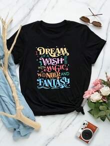 Camiseta gráfica con estampado de 'Sueño de Mujer', sirena de fantasía, talla grande, camiseta mágica de algodón, camiseta informal de verano de manga corta, bonita y estética, regalos para ella - Negro - Ver 1