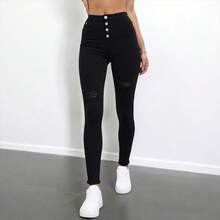 Jean Skinny Urbano "PowerFit  Liso  Letras      Bolsillo  Botón  Desgarro - Negro - Ver 3