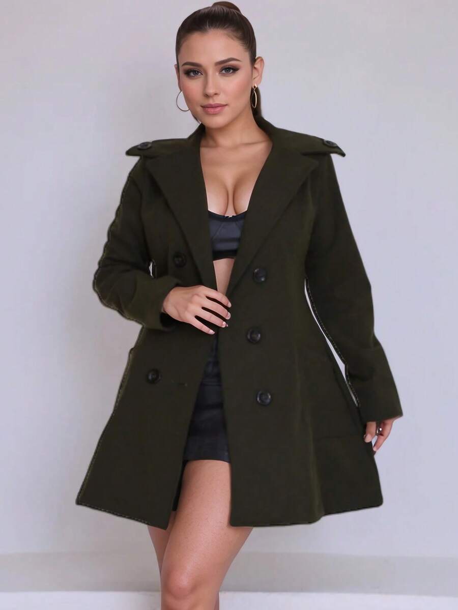Women's Trench Coat With Button - Verde militar - Ver 1