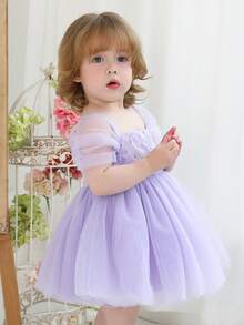 女婴薰衣草色亮片花卉网纱优雅派对礼服，公主裙，适合女孩生日派对、婚礼花童、节日庆典 - 紫色 - 查看 5