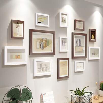 13-Piece Wooden Wall Photo Frame Set With Layout Guide - Versatile Home, Office, Wedding & Festival Decor, Thoughtful Gift Idea, Multi-Picture Display (Photos Not Included), Easy-To-Hang Wood Frames For Personalized Wall Arrangements